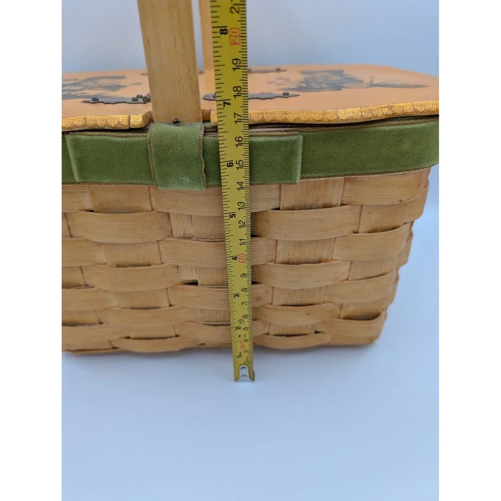 VTG Decoupage Woven Wood Picnic Basket Velvet Lined MCM Kitschy Decor Handbag